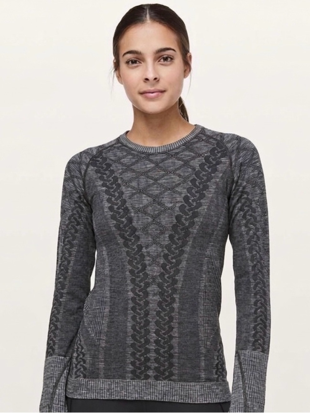 Lululemon Rest Less Pullover Shirt 2 Thumbholes Seamless Heathered Black Braid